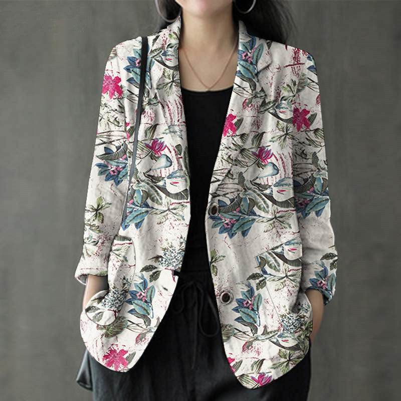 Women's floral Cotton Linen jacket Pocket Blazer - Velora