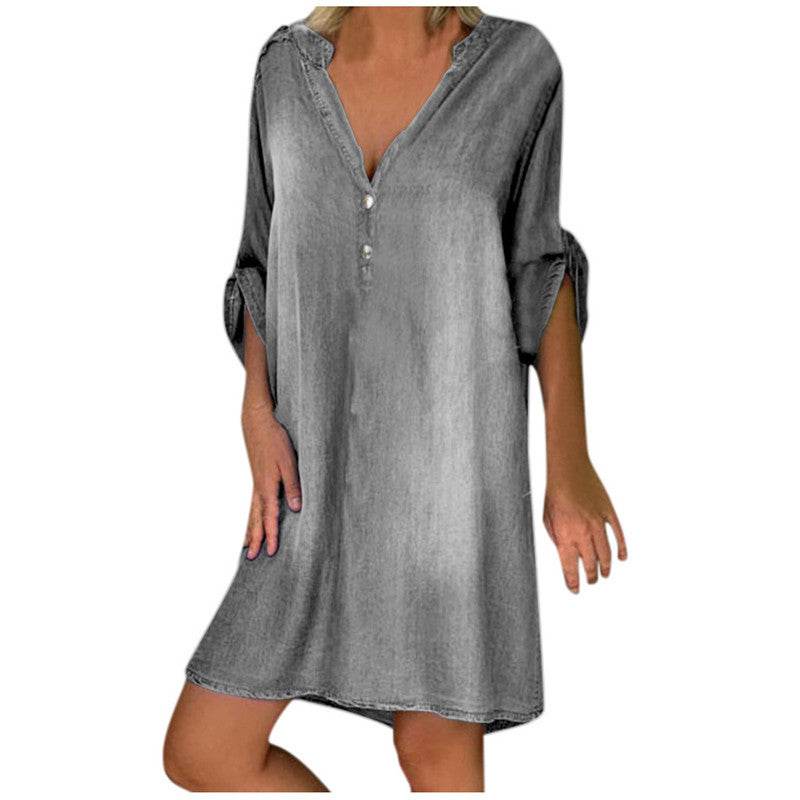 Casual Half Button Mid-sleeve loose Washed denim dress - Velora