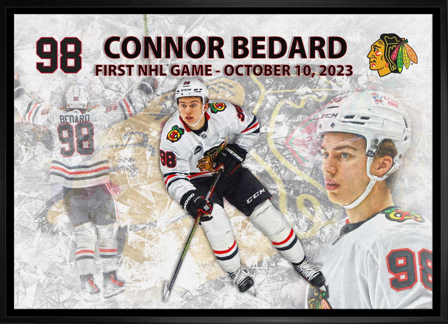 Connor Bedard 20x29 Framed Canvas Blackhawks First Game Frameworth Sports Marketing