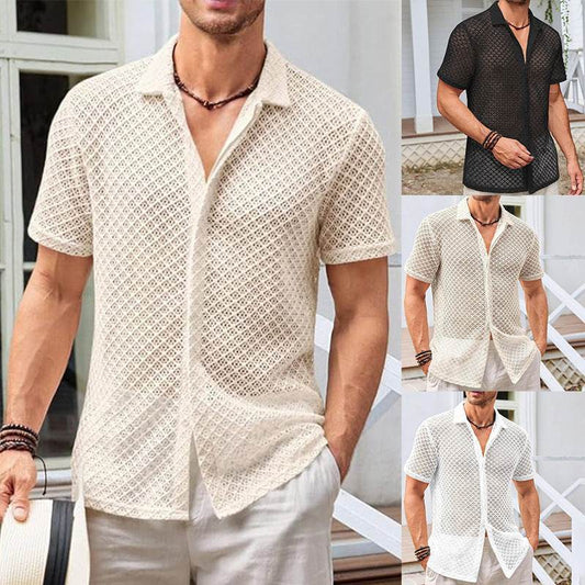Fashion Solid Color Polo Collar Short Sleeve Mesh Shirt Tops Men Clothing - Velora