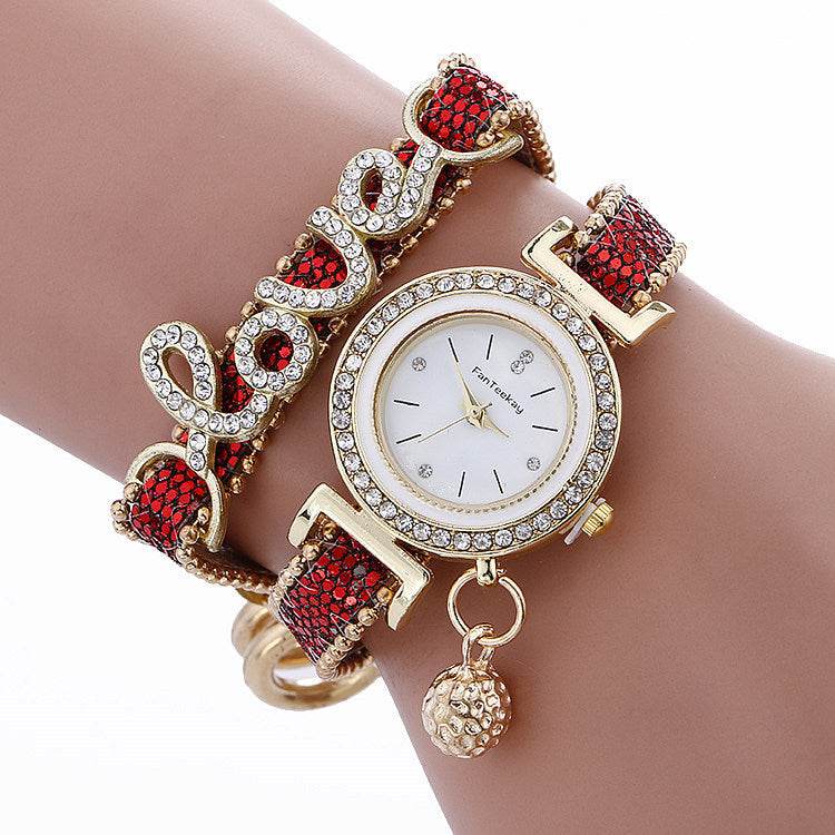 Fashion Women Rhinestone Leather Bracelet watch - Velora
