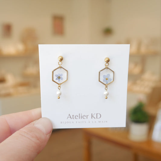 Boucles d'oreilles Perla - myosotis - petit hexagone 12mm - Velora