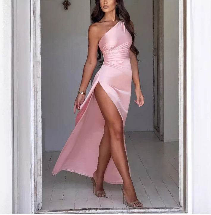 Sexy One-shoulder Backless Slit Dress Summer Elegant Slim-fit Solid Color Satin Dresses For Women - Velora