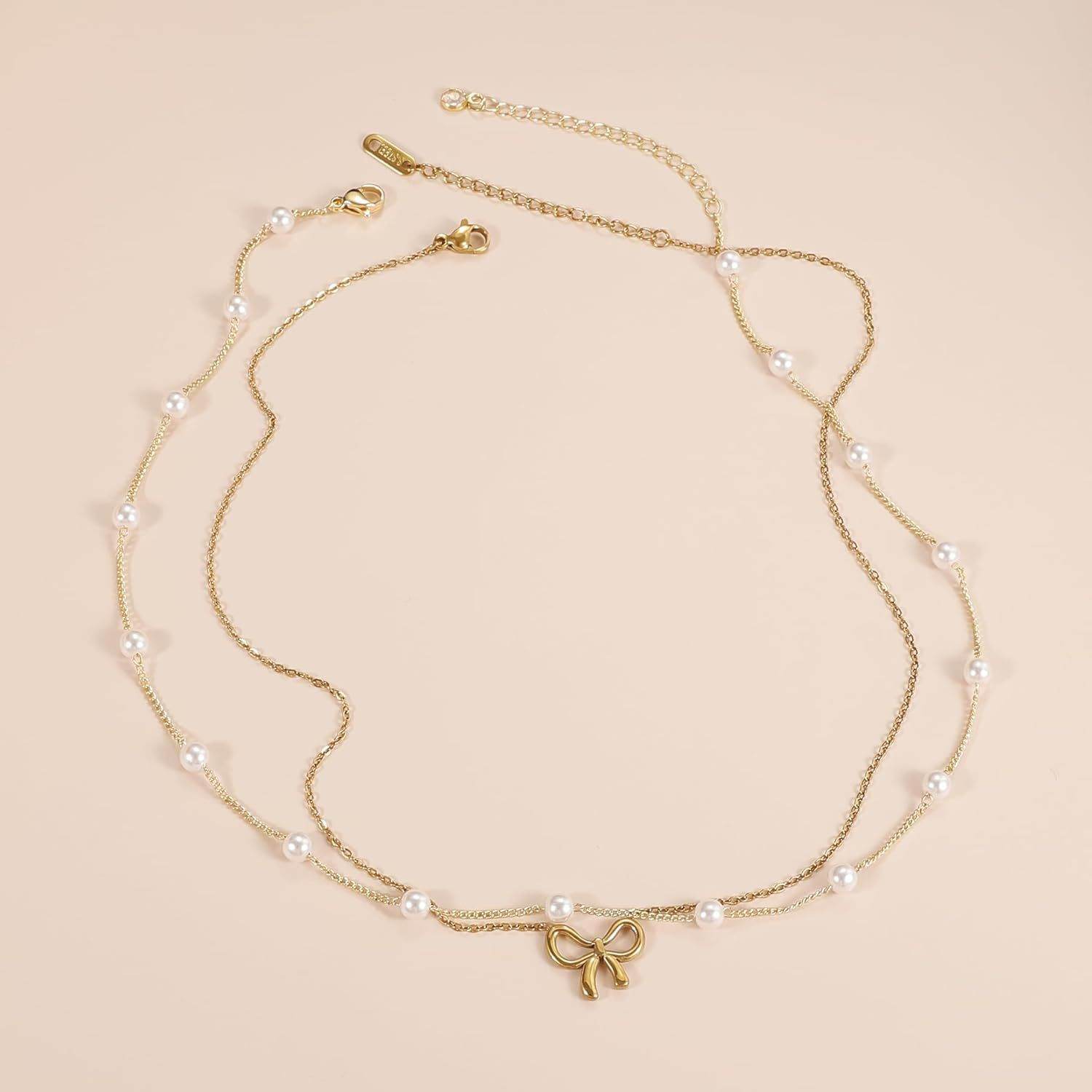 Simple Pearl Double Layer Choker Fashion Gold Color Necklaces Chain Small Bow Pendant Necklace Jewelry Gifts For Women Fashion Jewelry Valentine's Day Gifts - Velora