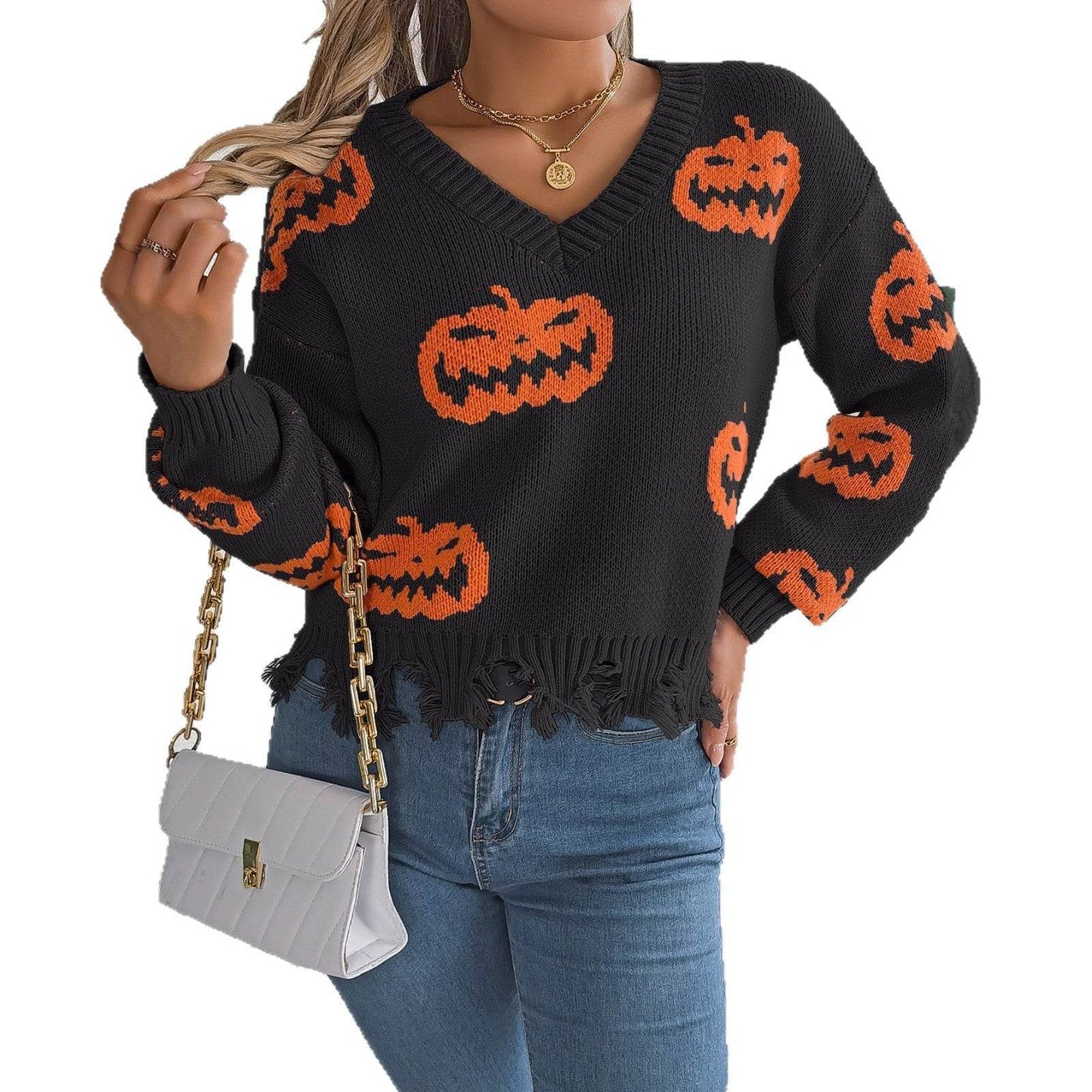 Halloween Contrast Color Pumpkin Cut Long Sleeve Sweater - Velora