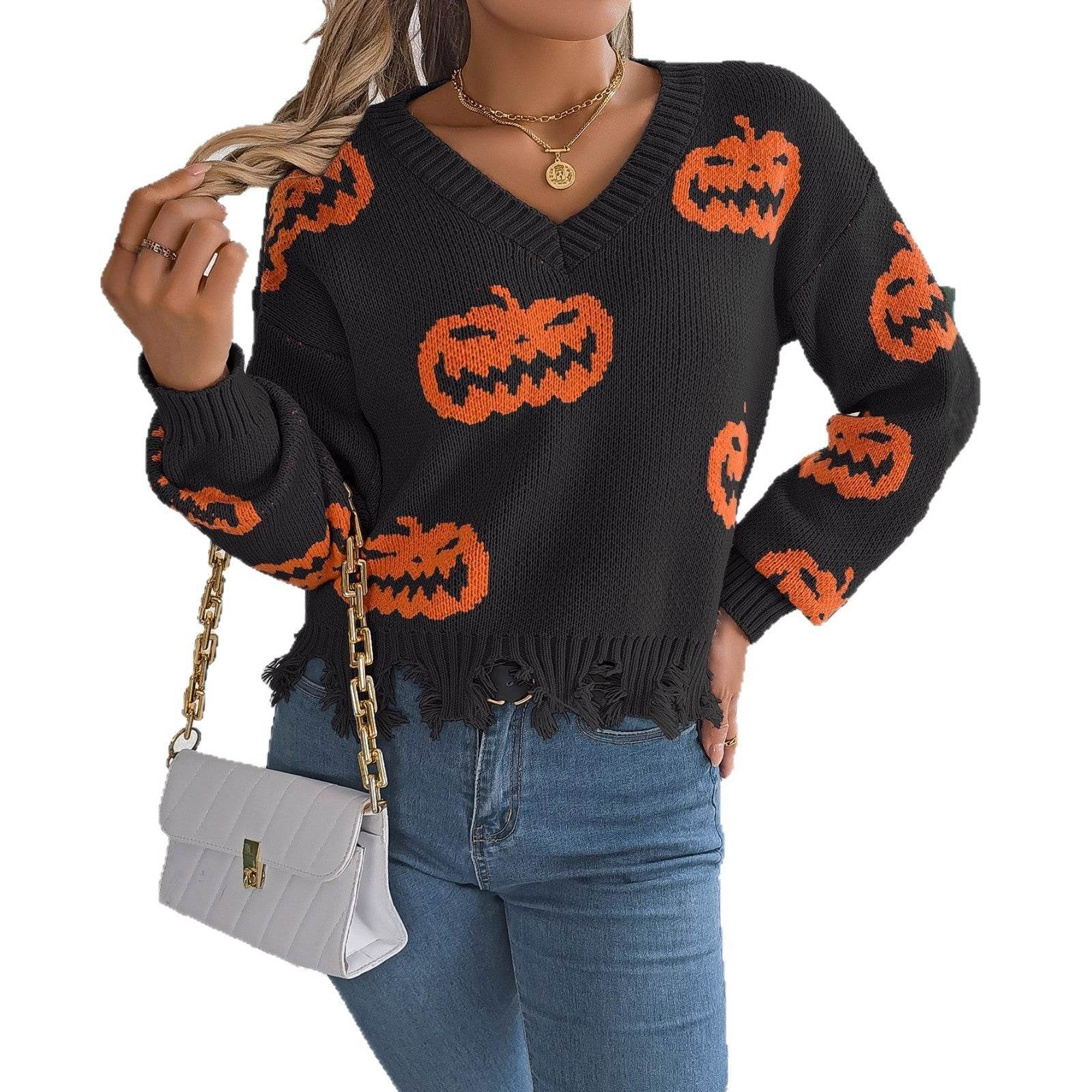 Halloween Contrast Color Pumpkin Cut Long Sleeve Sweater - Velora