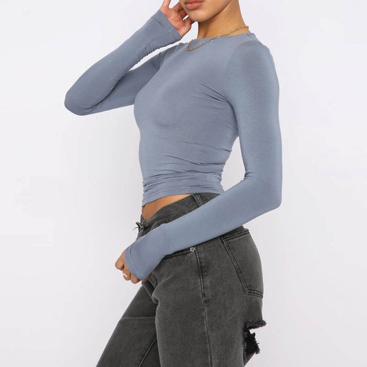 Women's Clothing Fashion Slim Long-sleeved Pullovers Tops Solid Causal Fit Shirts - Velora