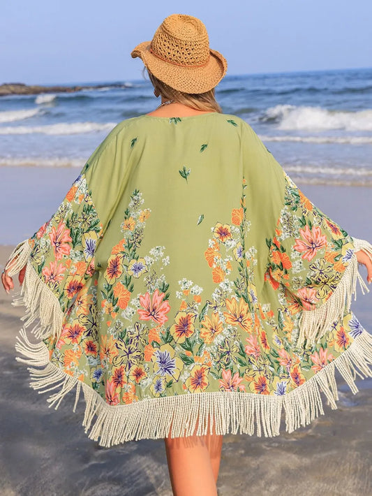 Plus Size Fringe Open Front Cover-Up - Velora