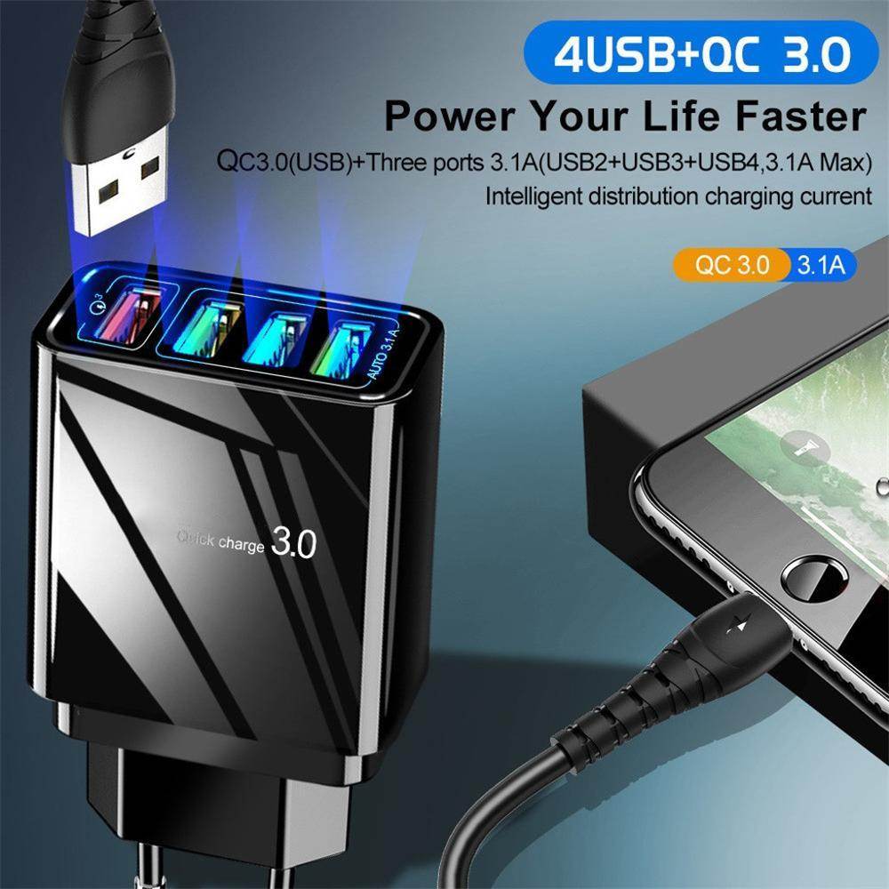 Illuminated 4 port USB Mobile Phone Charger 3A Charging Head - Velora