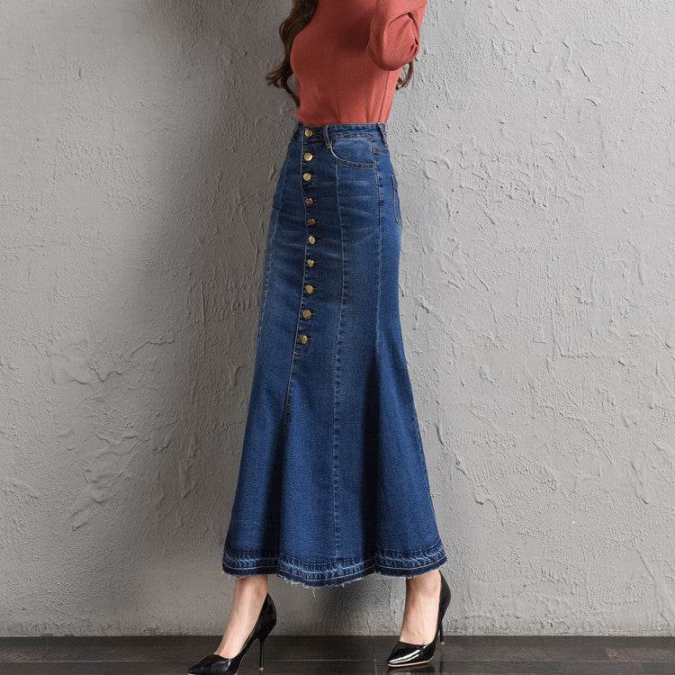 New Fashion Fitted Button up Mermaid Midi Denim Skirt - Velora