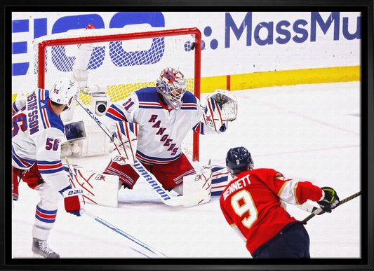 Sam Bennett 20x29 Framed Canvas Panthers Winning Goal Frameworth Sports Marketing