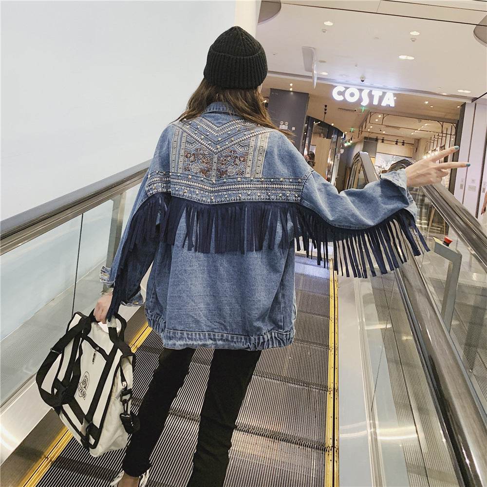 Elegant women Oversized Embroidered Tassel Fringe Denim Jacket - Velora
