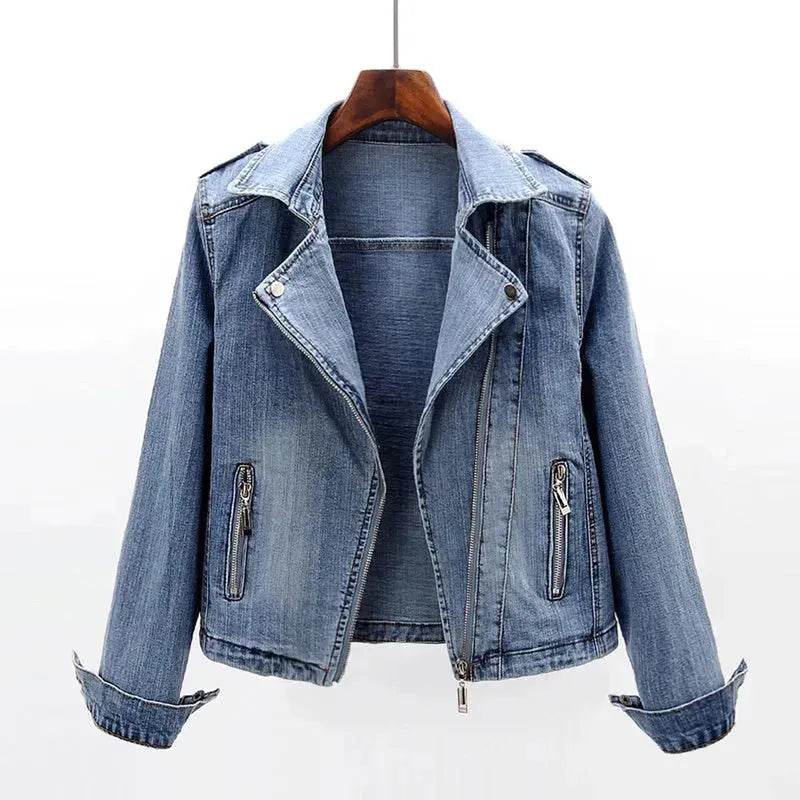 Slim Fit Stretch Suit Collar Denim Coat For Women Blue Denim Jacket for women - Velora