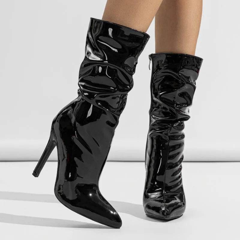 Patent Leather High Heel Pointed Stiletto Heel Pile Style Boots - Velora
