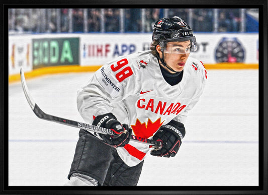 Connor Bedard 20x29 Framed Canvas Canada White Action-H Frameworth Sports Marketing