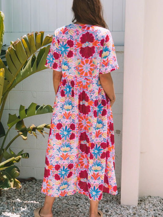 Floral Print Tie Front Midi Dress - Velora