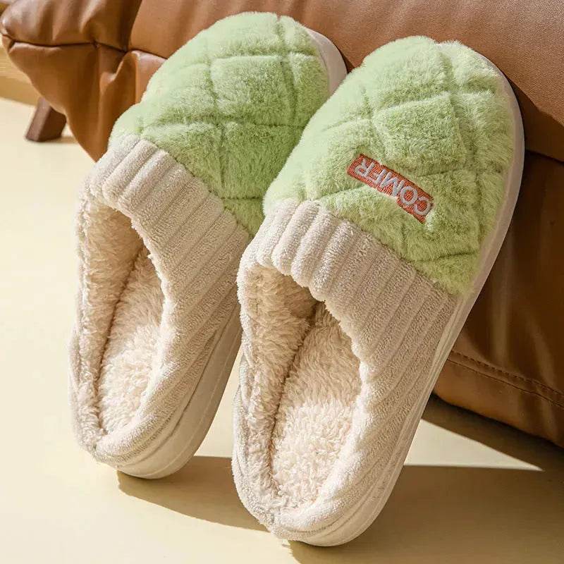 Solid Rhombic Letter Home Slippers Winter Warm Non-slip Floor Bedroom Plush Slipper For Couple House Shoes Women Men - Velora