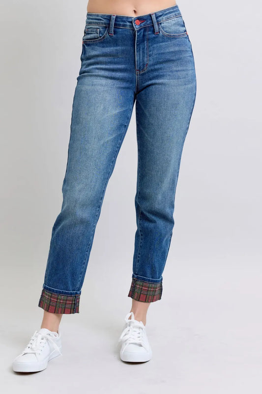 Judy Blue Full Size Plaid Print Cuff Straight Leg Jeans with Pockets - Velora