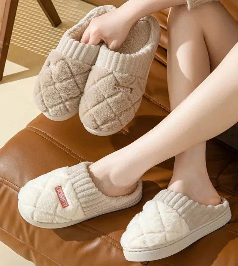 Solid Rhombic Letter Home Slippers Winter Warm Non-slip Floor Bedroom Plush Slipper For Couple House Shoes Women Men - Velora