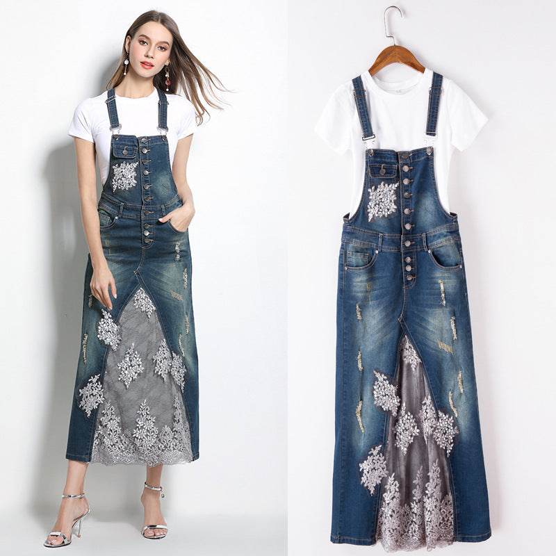 Embroidered Lace Denim Midi Jumper Dress European and American Style - Velora