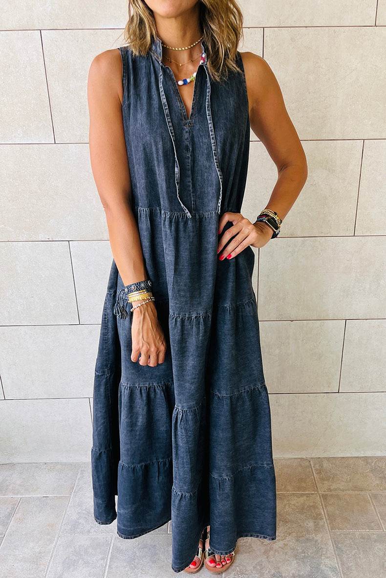 Women's Sleeveless Denim Fashion Retro High Waist Layered Dress - Velora