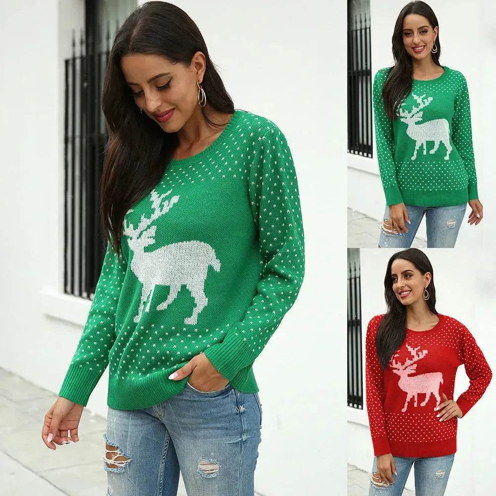 Fawn Reindeer jacquard christmas sweater Round neck women - Velora