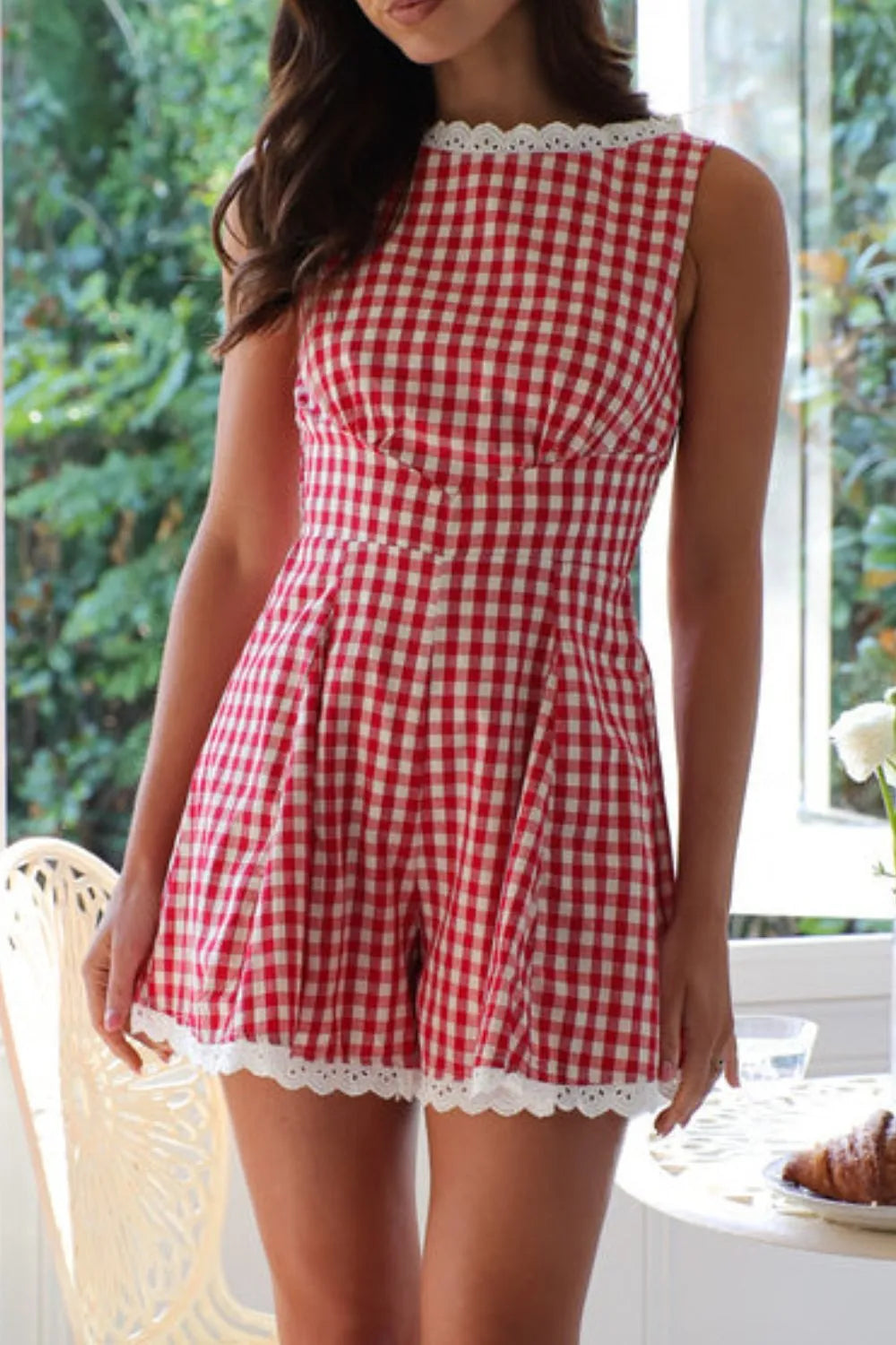 Lace Detail Plaid Sleeveless Romper - Velora