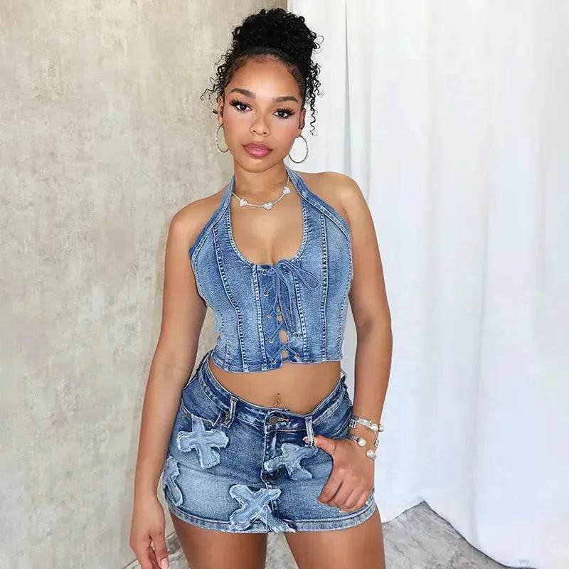 Chic Denim 2 piece Denim Skirt set Jean 2 piece set for Women Sleeveless crop top and Skirt - Velora