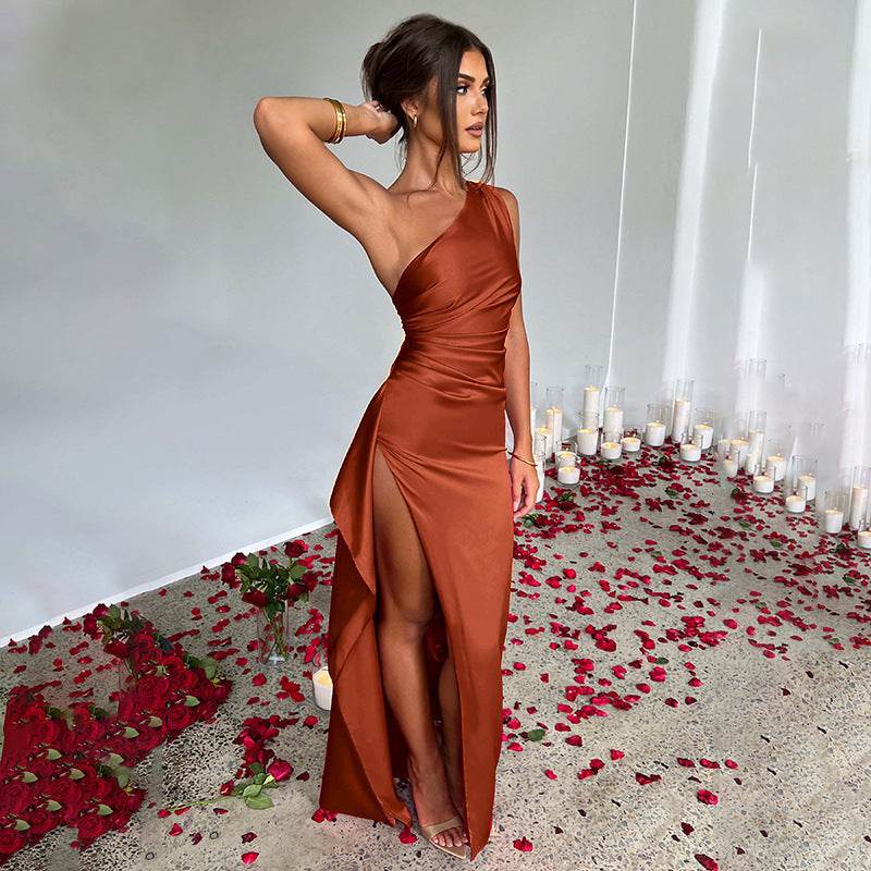 Sexy One-shoulder Backless Slit Dress Summer Elegant Slim-fit Solid Color Satin Dresses For Women - Velora