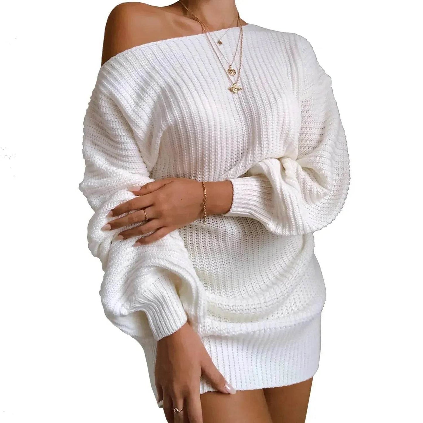 Autumn Winter Slant Shoulder Off Lantern sleeve Mini knitted wool sweater dress - Velora