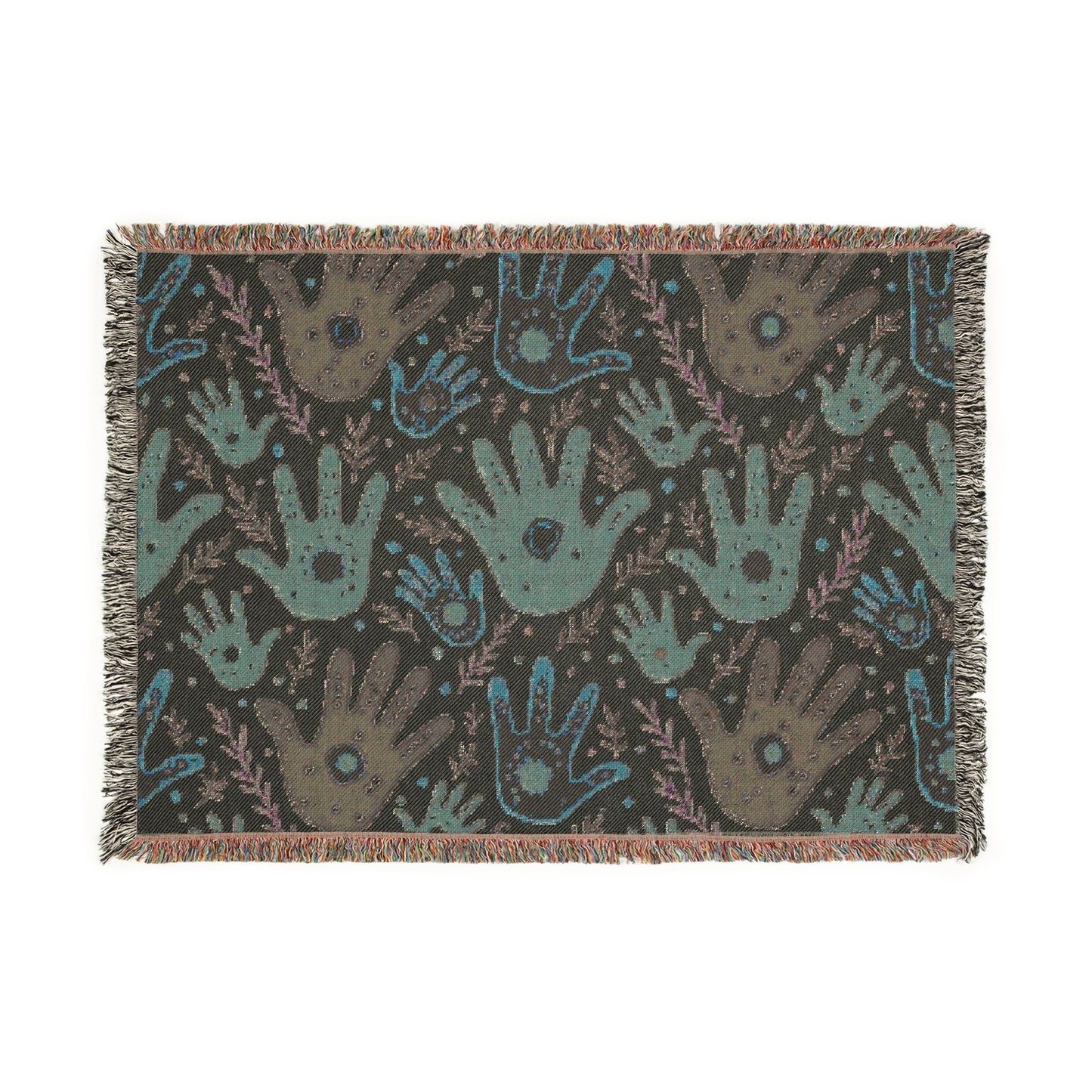 Handprint Pattern Woven Blanket — Boho Tribal Throw for Living Room, Nursery, or Gift