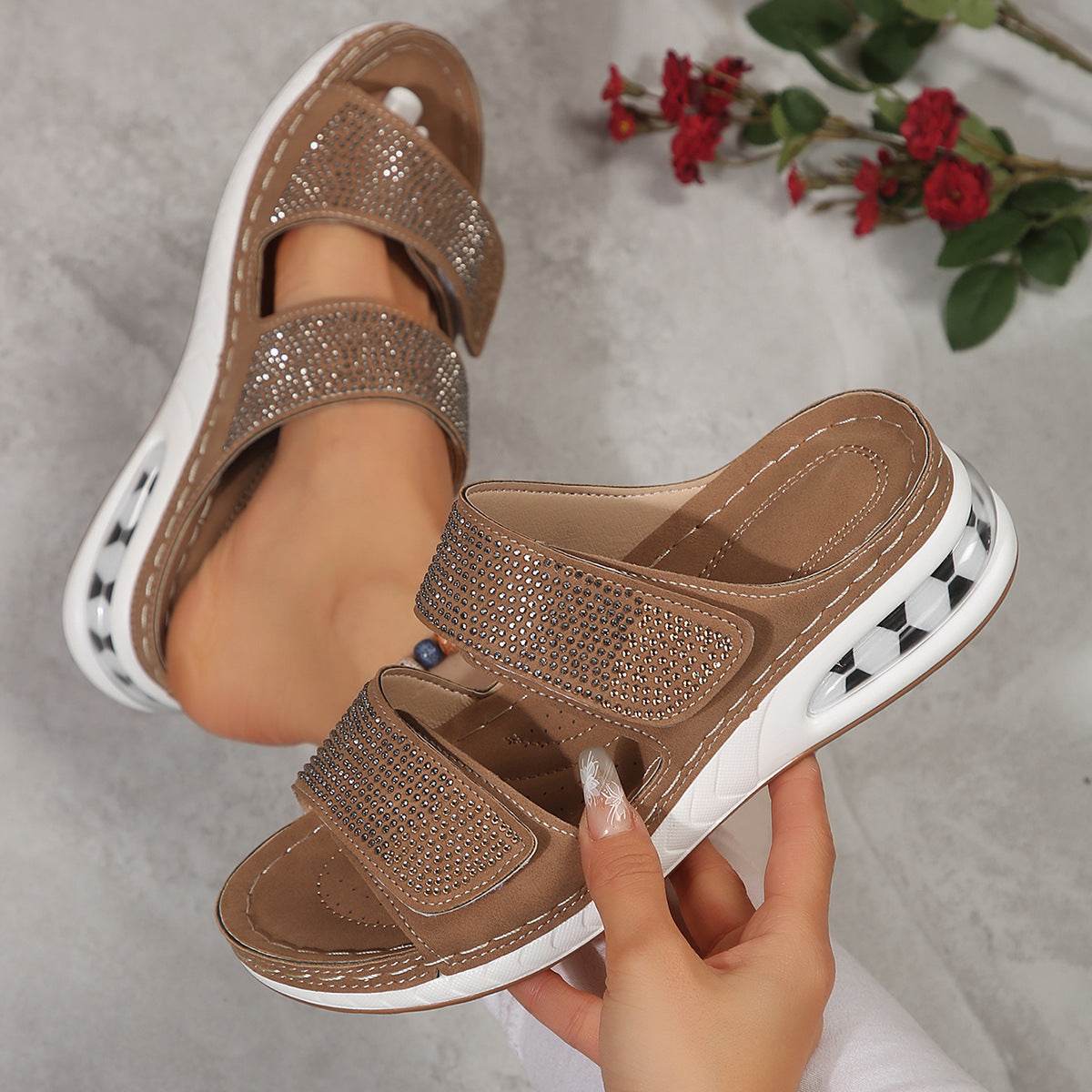 New Air Cushion Wedges Sandals Summer Casual Rhinestone Slides Roman Sandals For Women Non-slip Beach Shoes - Velora