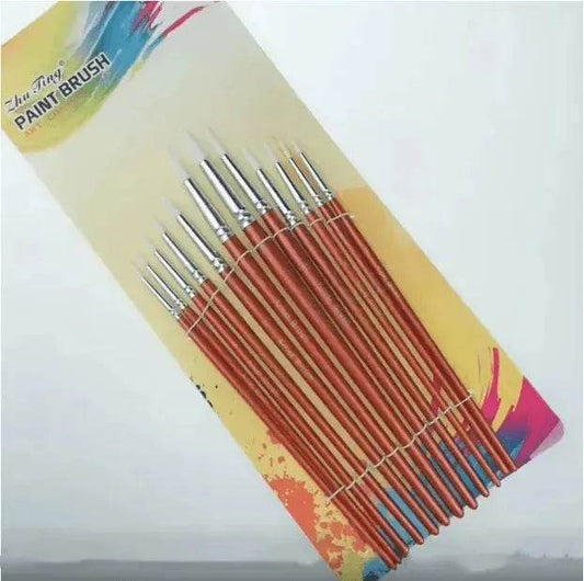 12Pcs Lot Round Shape Nylon Hair Wooden Handle Paint Brush Set Tool For Art School Watercolor Acrylic Painting - Velora