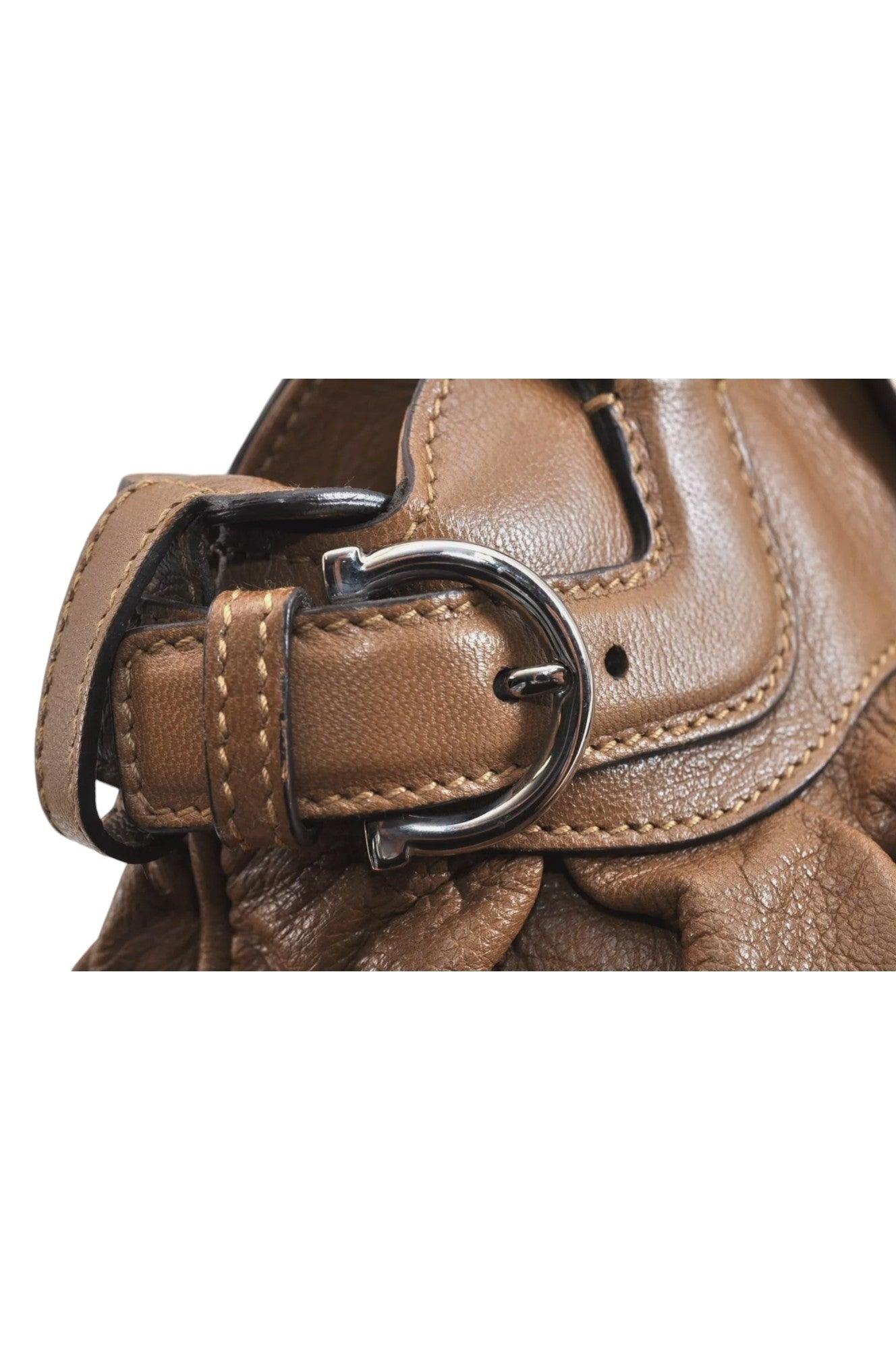 Salvatore Ferragamo Gancini Leather Shoulder Hand Bag Brown 7570K - Velora