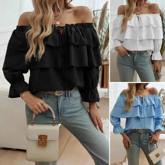 Stylish Casual Evening Top for Women Off-shoulder Bishop Long Sleeve Top - Velora