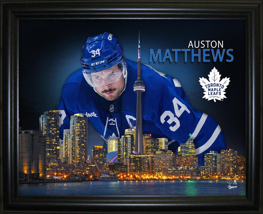 Auston Matthews 16x20 Framed Skyline Print Toronto Maple Leafs Frameworth Sports Marketing