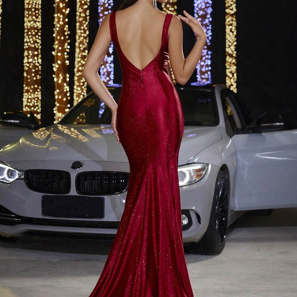 Deep V Strap Slim-fit Sheath Banquet Fishtail Evening Dress - Velora