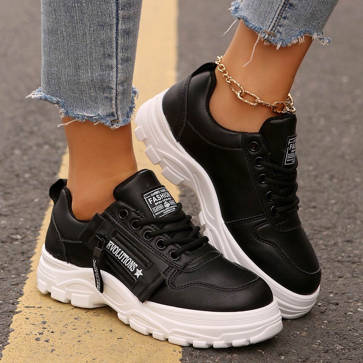 Lace-up Sports Shoes With Side-Zipper Design Fashion Thick-soled Round-toe Casual Shoes For Women Sneakers - Velora