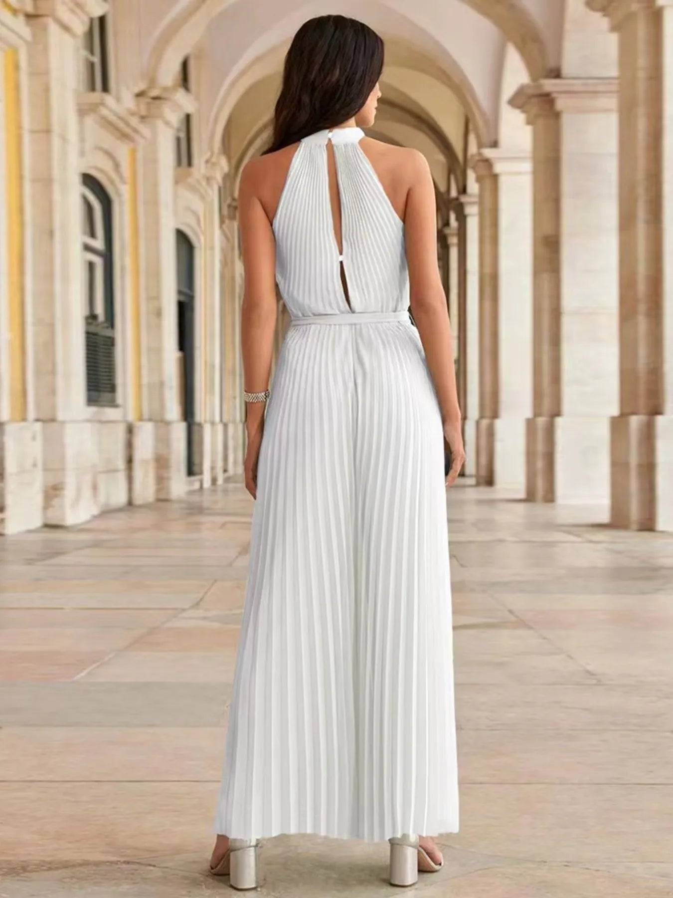 Pleated Sleeveless Wide Leg Jumpsuit - Velora