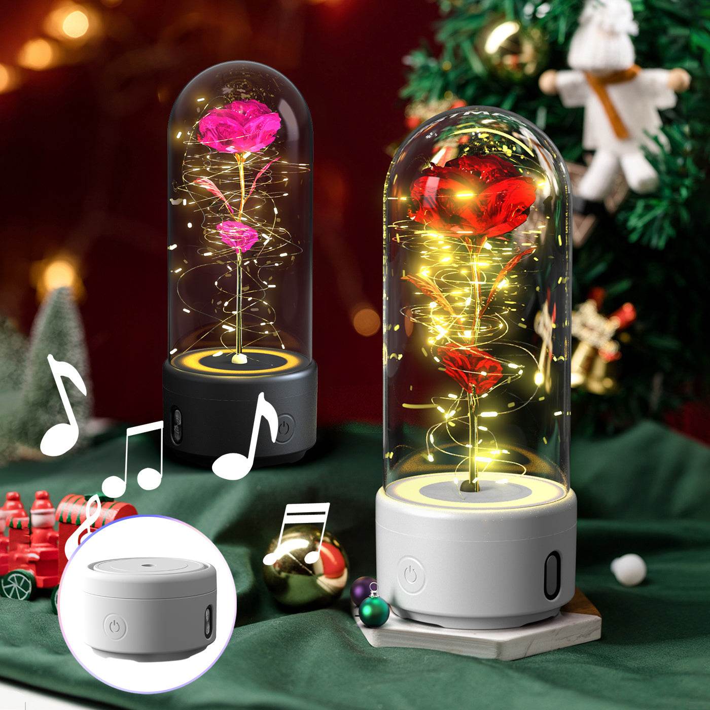 Creative 2 In 1 Rose Flowers LED Light And Bluetooth-compatible Speaker Valentine's Day Gift Rose Luminous Night Light Ornament In Glass Cover - Velora