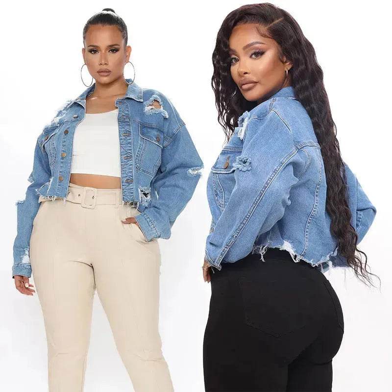 Fashionable Ripped Long sleeve Denim Jeans Crop jacket women short denim jacket oversized cropped denim jacket - Velora