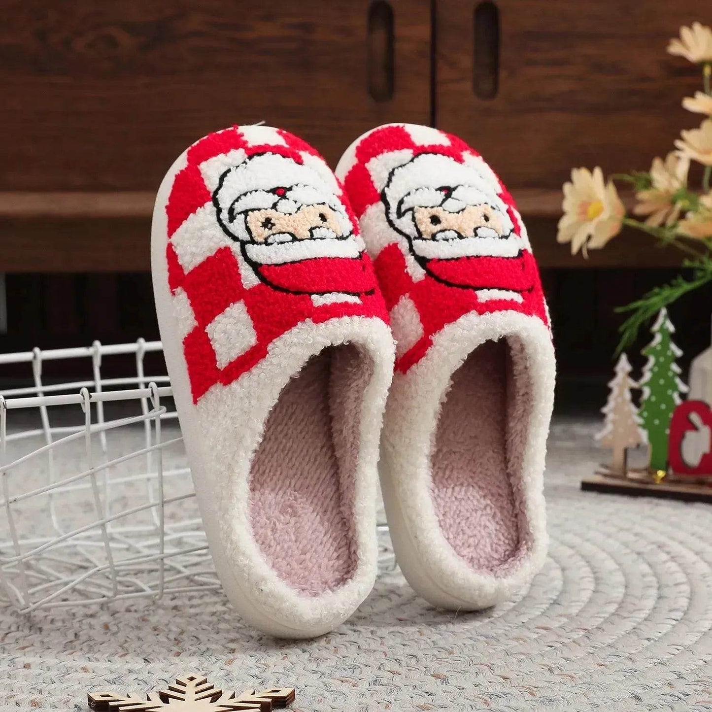 New Christmas Plaid Santa Claus Slippers Winter Indoor Non-slip Floor Bedroom Fuzzy House Shoes For Women Home Slipper - Velora