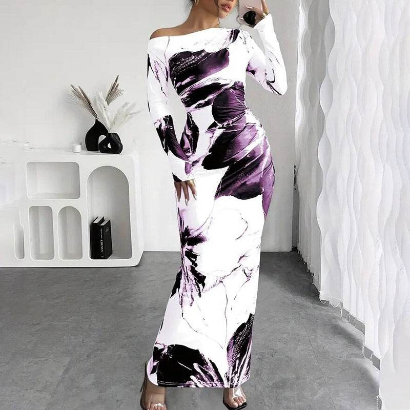 Elegant Long Sleeve Off-Shoulder Tie-Dye Floral Bodycon Dress Stretchy Season Party & Casual Dress - Velora