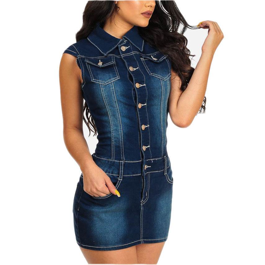 Chic Club Mini Jeans Dress Button down short sleeve Denim Hip dress - Velora