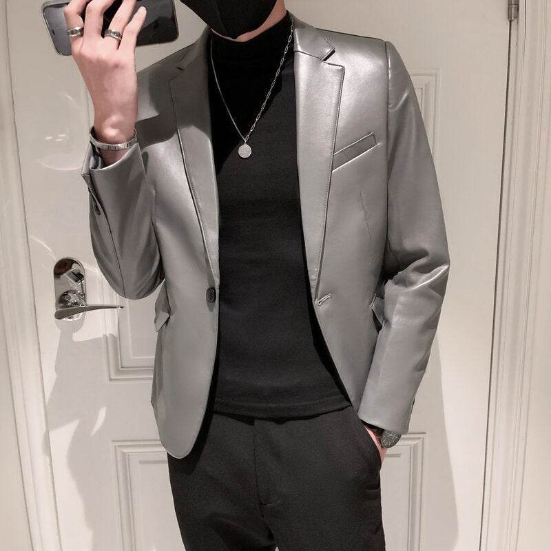 New Polo Collar Solid Color Leather Jacket Korean Slim PU Leather Jacket Jacket Men - Velora