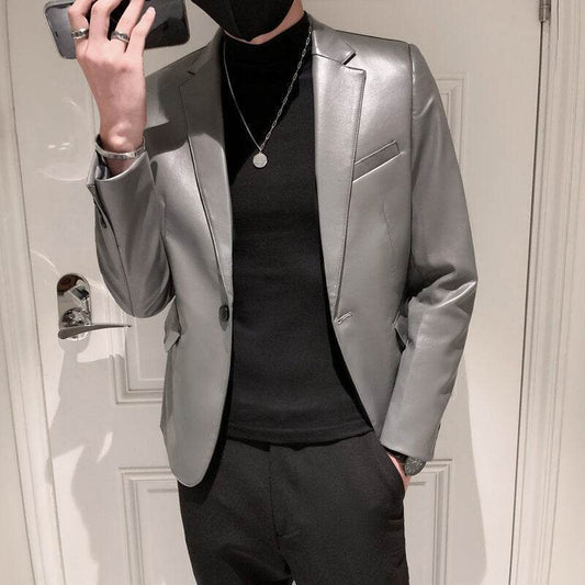 New Polo Collar Solid Color Leather Jacket Korean Slim PU Leather Jacket Jacket Men - Velora