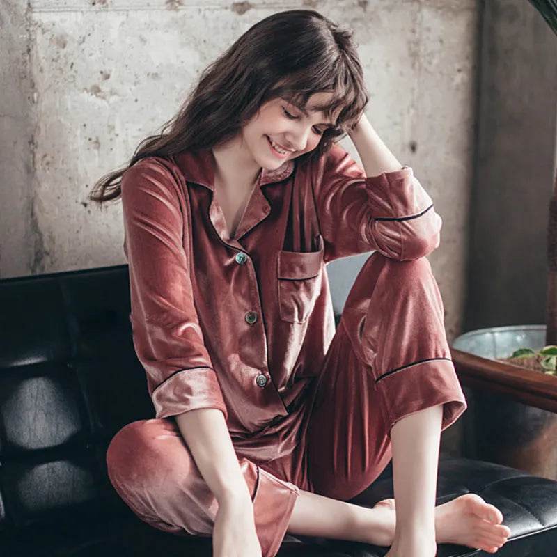 2pcs Couple Gold Velvet Long Sleeve Pajamas set - Velora