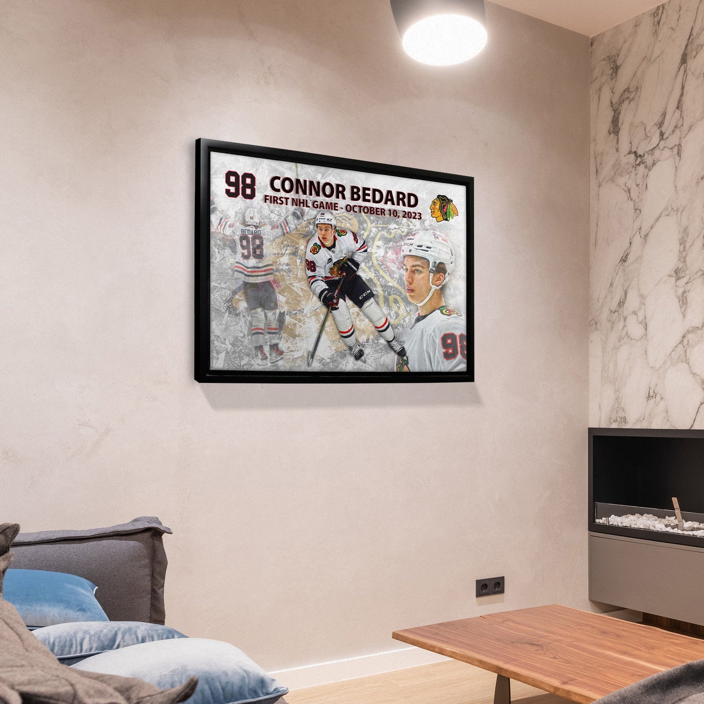 Connor Bedard 20x29 Framed Canvas Blackhawks First Game Frameworth Sports Marketing