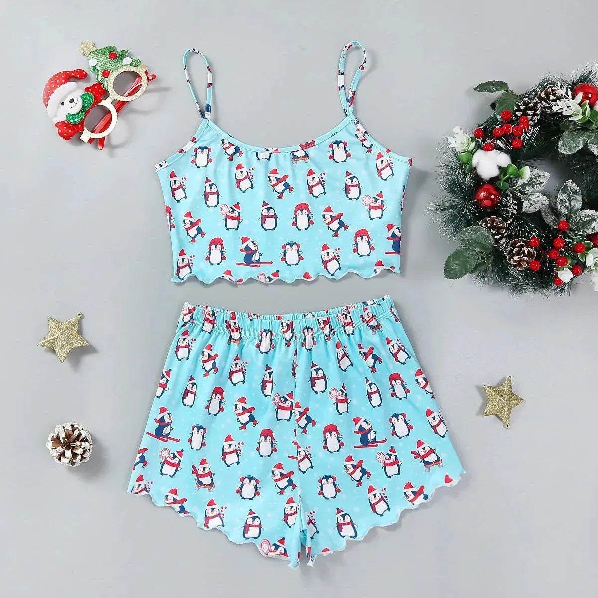 Christmas European And American Thin Pajamas Women's Sleeveless Shorts Milk Silk Simple Casual Two-piece Suit Homewear - Velora