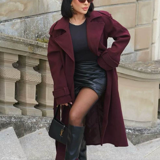 Fashion Lapel Woolen Coat With Belt Winter Double-breasted Trench Long Jacket For Women Clothing - Velora